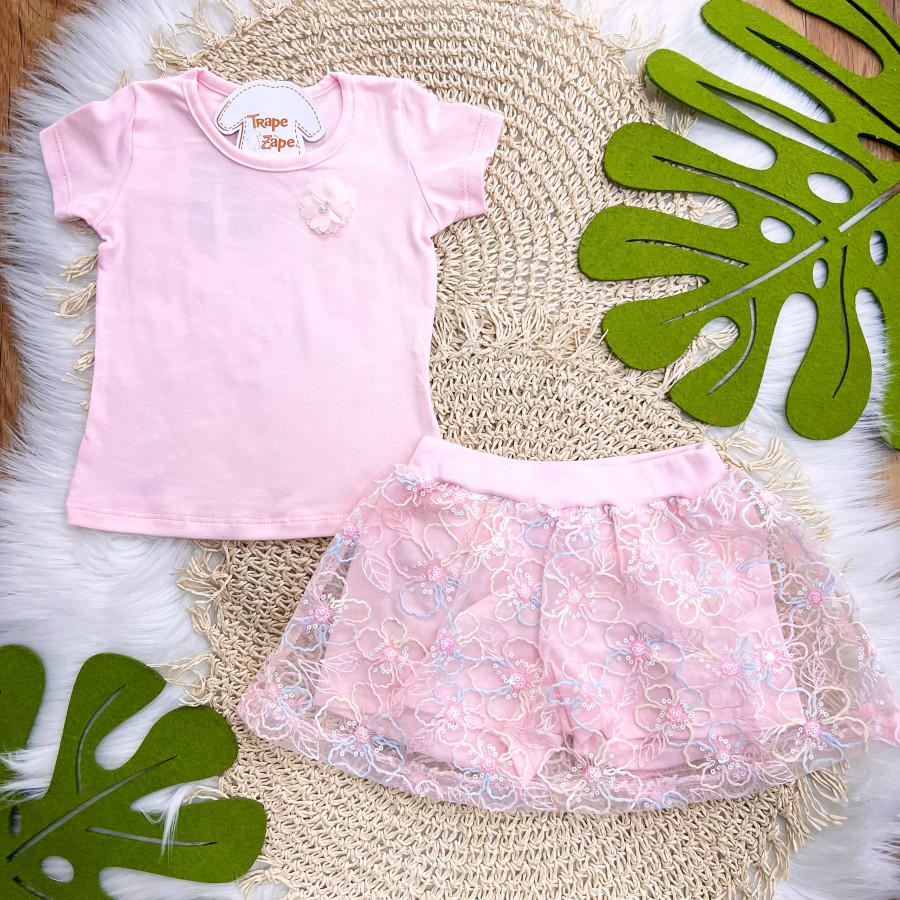 Conj. Blusa Florzinha e Short Saia em Tule Floral - Rosa